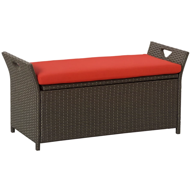 Outsunny 2-In-1 Outdoor PE Rattan Storage Bench, 29 Gallon Patio Wicker Furniture, Basket Box with Handles and Cushion Red