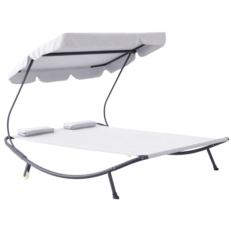 Outsunny Patio Double Chaise, Outdoor Lounge Bed with Canopy and Headrest Pillow, Portable Patio Sunbed Hammock Lounger, Cream White