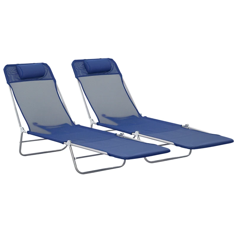 Outsunny 2 Piece Sun Loungers, Folding Chaise Lounge Chairs with Reclining Back, Breathable Mesh Seat, Headrest, Dark Blue