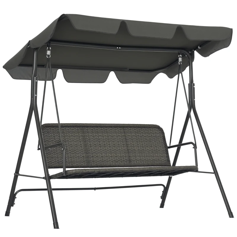 Outsunny 3 Seater Rattan Outdoor Patio Swing with Adjustable Canopy and Stand for Garden Porck Backyard, Grey