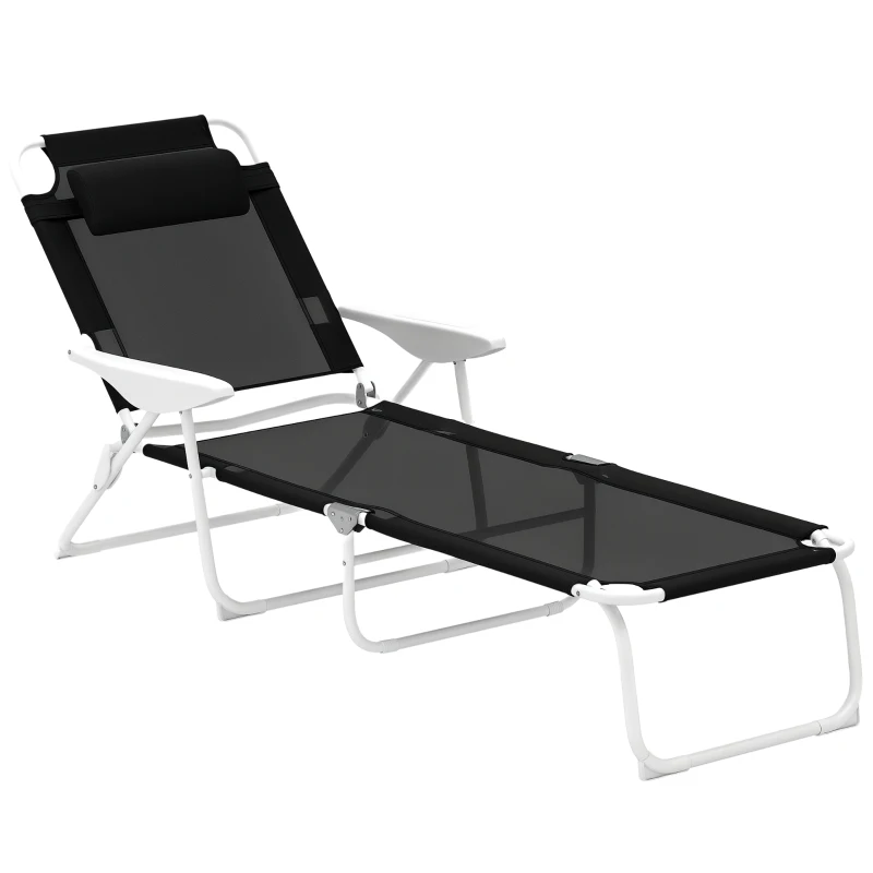 Outsunny Folding Chaise Lounge, Outdoor Sun Tanning Chair, 4-Position Reclining Back, Armrests, Removable Pillow, Black