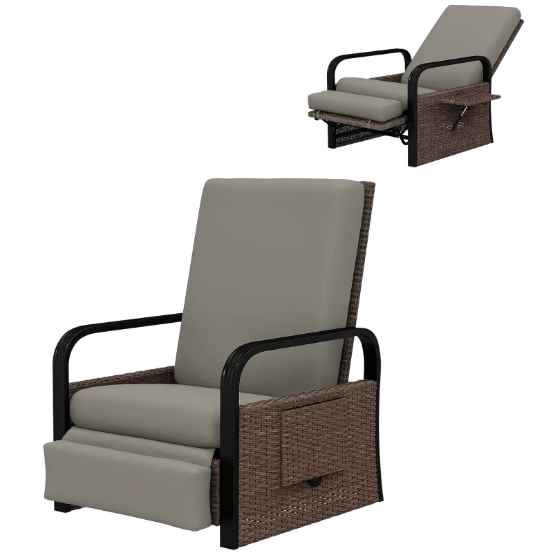 Outsunny Wicker Outdoor Recliner Chair, Reclining Lounge Chair with Adjustable Backrest, Footrest and Side Tray, Light Grey
