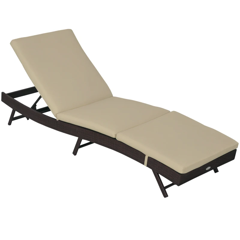 Outsunny Wicker Patio Lounger, Outdoor Recliners Lounge Chair w/ 5-Level Adjustable Backrest, Cushion for Outdoor, Khaki