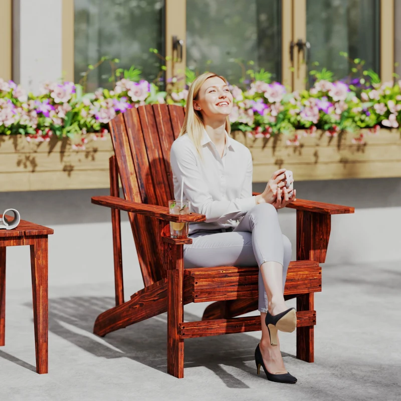 Outsunny Oversized Adirondack Chair, Outdoor Fire Pit and Porch Seating, Classic Log Lounge w/ Built-in Cupholder, Brown