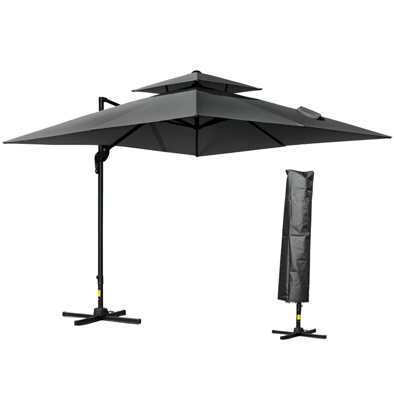 Outsunny 10' x 10' Cantilever Patio Umbrella, Double Top Square Offset Umbrella with 360° Rotation, 5 Adjustable Tilt Angles, Umbrella Cover, Aluminum Pole and Ribs, Charcoal Grey