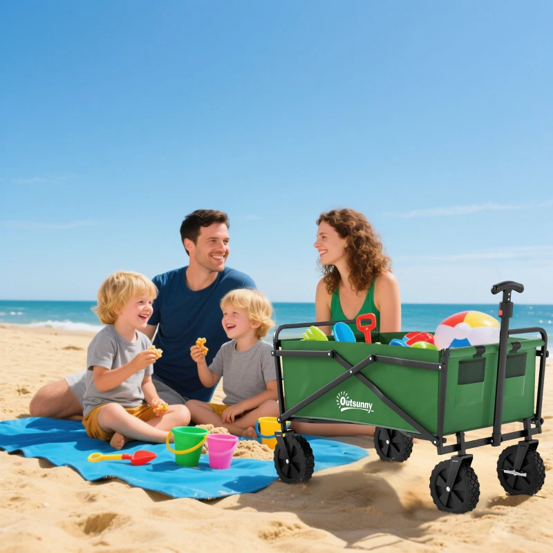 Outsunny Folding Wagon Cart, Outdoor Utility Wagon Heavy Duty Garden Shopping Cart Collapsible Camping Trolley with Steel Frame, Oxford Fabric