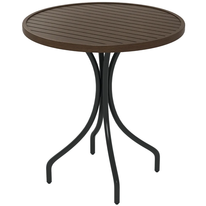 Outsunny 26" Round Patio Table, Outdoor Side Table with Steel Frame and Slat Tabletop for Garden, Backyard, Distressed Brown
