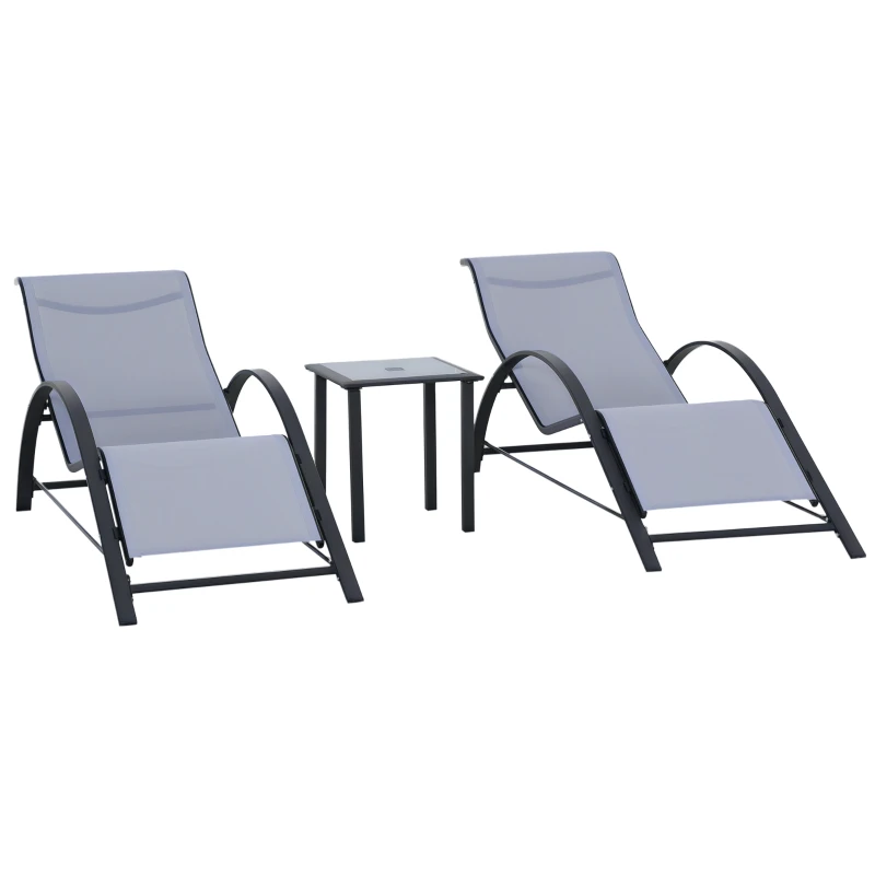 Outsunny 3 Pieces Outdoor Lounge Chair Set, 2 S-Shaped Lawn Chairs and a Glass Table for Patio, Yard, Light Grey