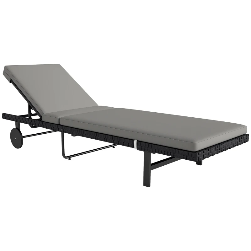 Outsunny PE Rattan Tanning Chair, Outdoor Patio Lounger with 5-Level Adjustable Back, Wheels and Cushion, Grey