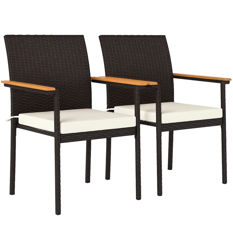 Outsunny Stackable Patio Wicker Dining Chair Set of 2 with Cushions, Backrest, Armrests for Deck, Garden, Cream White