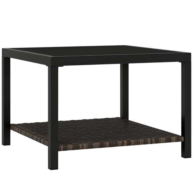Outsunny 23.6" Rattan End Table, Outdoor Coffee Table with Tempered Glass Top, Storage Shelf for Patio, Garden, Balcony, Black
