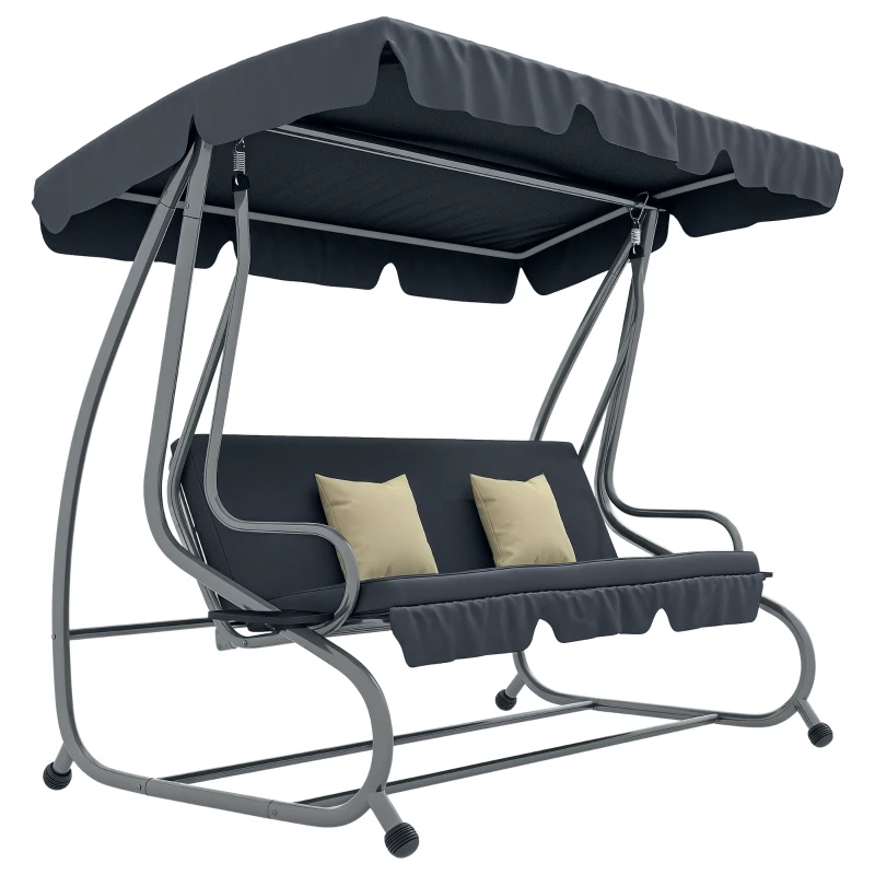 Outsunny 3-Seat Outdoor Patio Swing Canopy Chair, Converting Flat Bed with Adjustable Shade, Cushions, Cup Holder, Dark Grey
