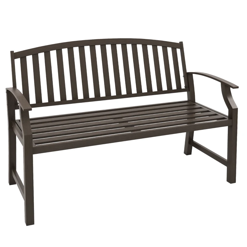 Outsunny 46" Outdoor Garden Bench, Metal Bench, Wood Look Slatted Frame Furniture for Patio, Park, Porch, Lawn, Yard, Deck, Brown
