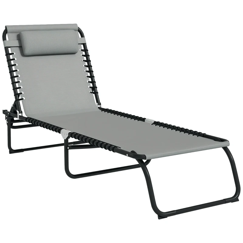 Outsunny Folding Lounge Chair, Adjustable Chaise Lounge with Headrest, Reclining Lounger Cot for Camping, Hiking, Light Grey