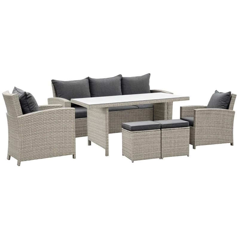 Outsunny 6 Pcs Patio Furniture Set, Rattan Outdoor Furniture Set with 3 Seater Sofa, Armchairs, Footstools and Table, Dark Grey