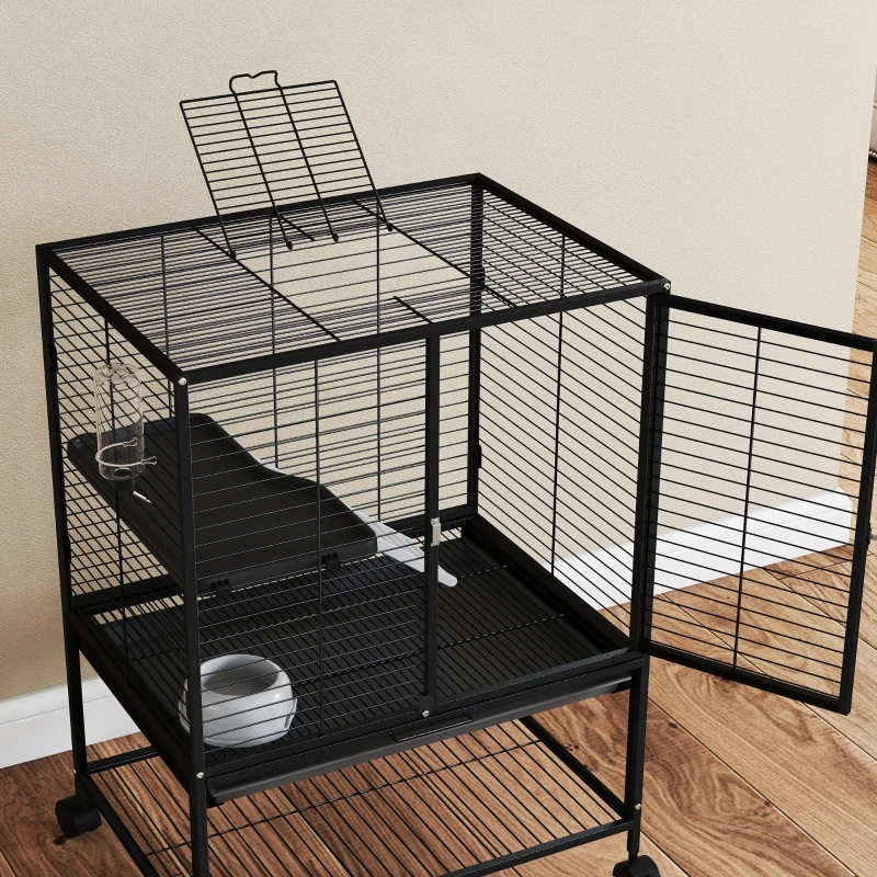 PawHut Rolling Small Animal Cage 34"H Chinchilla Cage for Ferrets, Squirrels w/ Removable Tray, Storage Shelf, Black