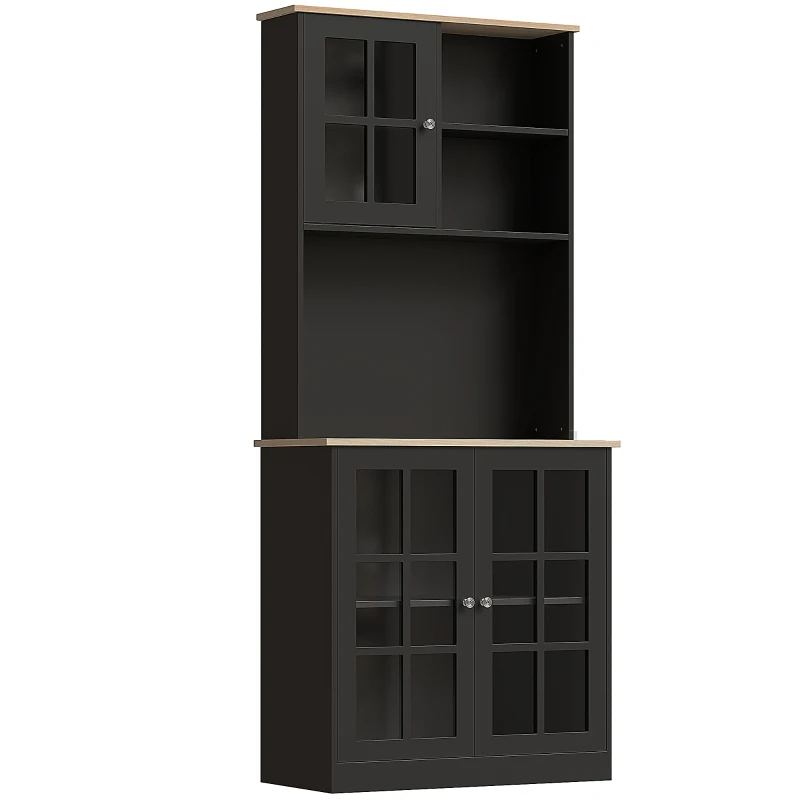HOMCOM Kitchen Buffet with Hutch, Storage Pantry with 3 Cabinets, 2 Open Shelves and Large Countertop, Black(m-2)