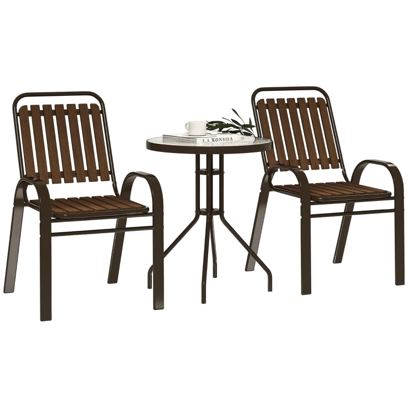 Outsunny 3 Pieces Patio Bistro Set, 2 Stackable Chairs with Tempered Glass Table, for Outdoor, Garden Backyard Porch, Dark Brown