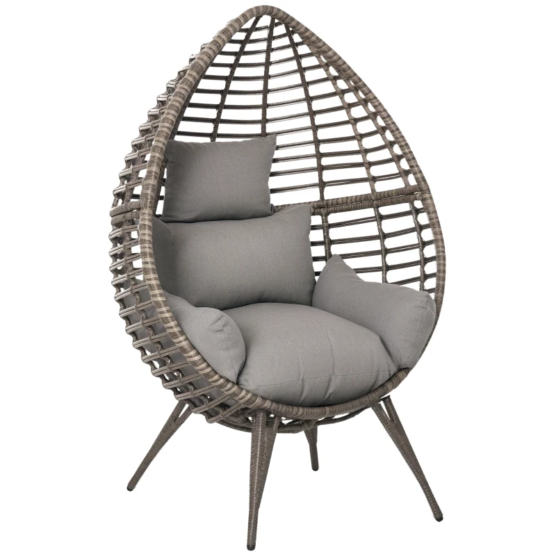Outsunny Outdoor/Indoor Rattan Chair with Soft Cushion, Wicker Egg Lounge Chair for Backyard Garden Balcony Lawn, Light Grey