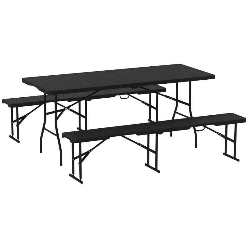 Outsunny 6FT 3PCS Faux Rattan Outdoor Camping Table Bench Set with Carrying Handles, Folding Picnic Table with 2 Benches, Black