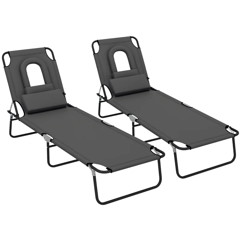 Outsunny 2PCS Adjustable Outdoor Lounge Chair, Garden Folding Chaise Lounge with Face Hole Reclining Tanning Chair Seat, Folding Camping Beach Lounging Bed w/ Head Support Grey