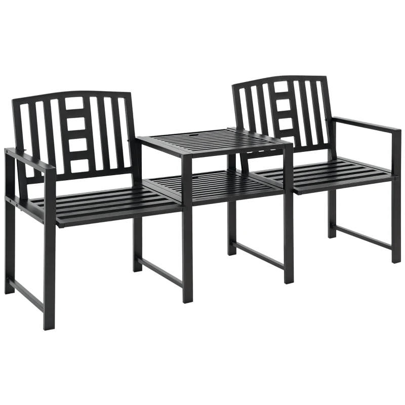 Outsunny Steel Garden Bench w/ Middle Table, Umbrella Hole, Double Seat for Outdoor, Patio, Backyard  Weather-Resistant Frame, Black