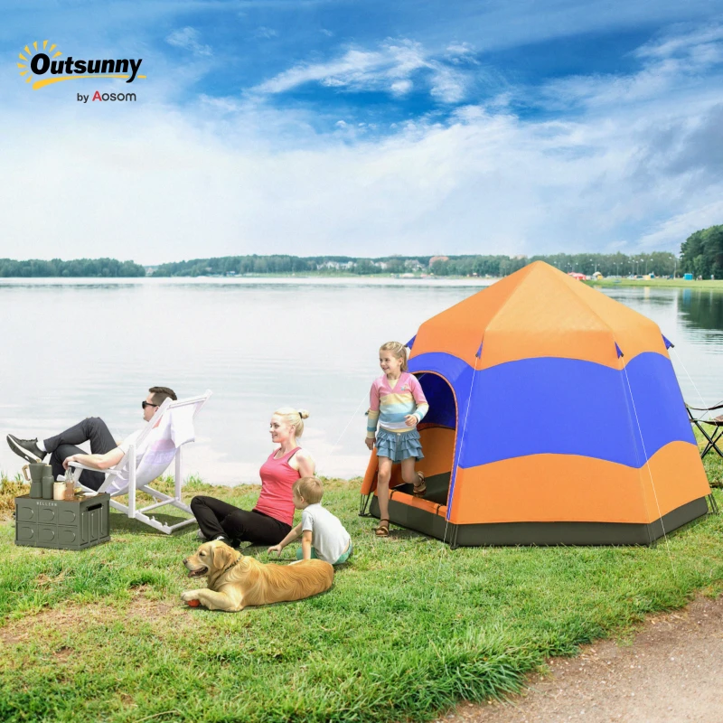 Outsunny Hexagon Double Layer Easy Pop Up Camping Tent 4-6 Person Portable Folding Dome Shelter Hiking Travel Tent All Season Used