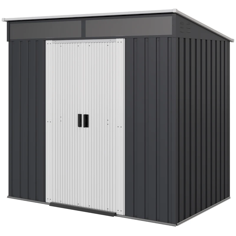 Outsunny 6.5x4FT Galvanised Metal Shed with Foundation Kit, Lockable Garden Tool Storage House with Sliding Doors, Vents, Grey