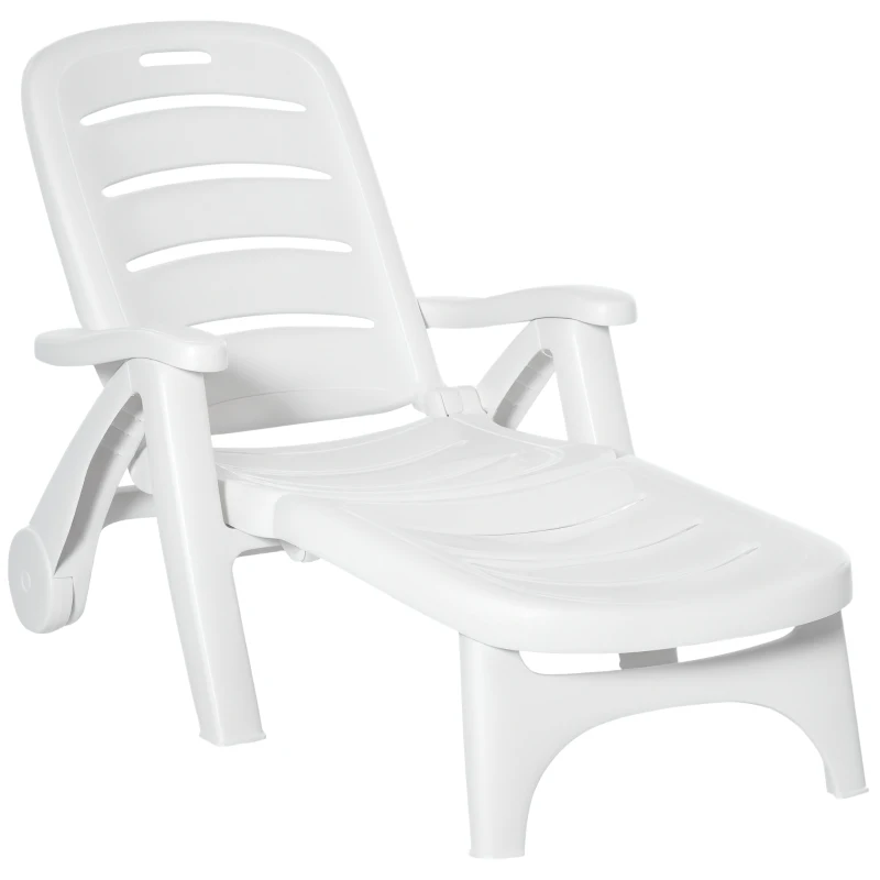 Outsunny Outdoor Folding Chaise Lounge Chair with Wheels, 5 Level Adjustable Backrest for Pool, Beach, Patio, Garden, White