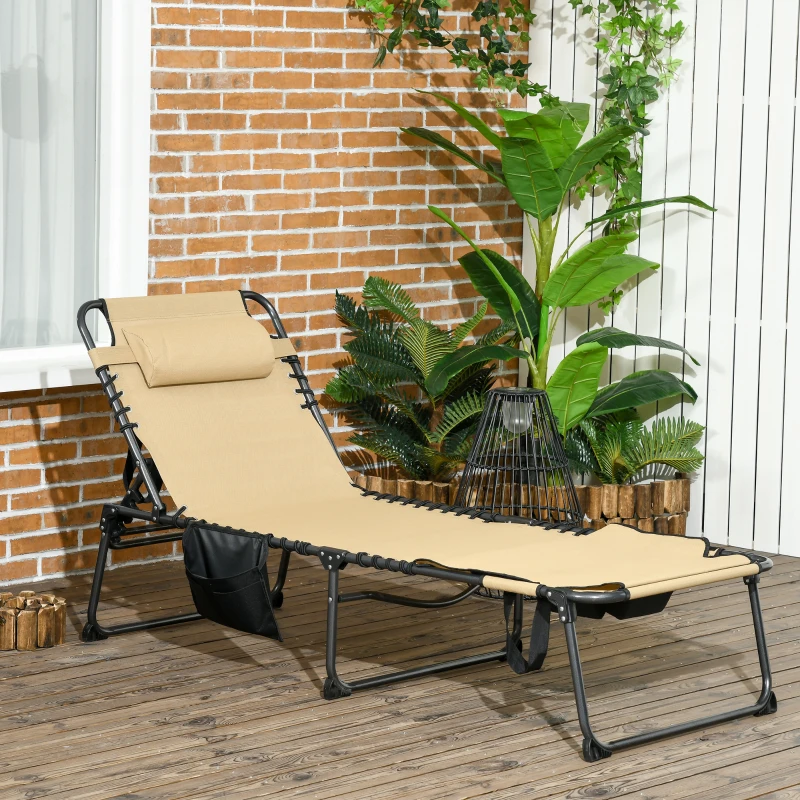 Outsunny Folding Chaise Lounge with 5-level Reclining Back, Outdoor Tanning Chair, Outdoor Lounge Chair with Reading Hole, Side Pocket, Headrest, for Beach, Yard, Patio, Beige