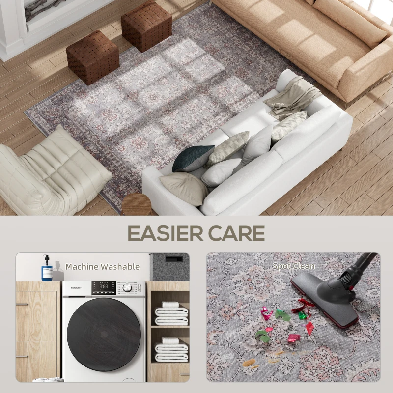 HOMCOM Machine Washable Area Rug 5x7, Non-Slip Traditional Flower Print Floor Carpet for Living Room, Bedroom, Grey and Brown