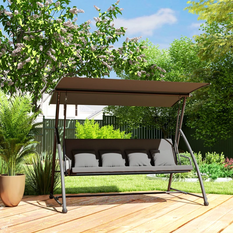 Outsunny Patio Swing Chair, 3 Person Convertible Hammock, Outdoor Swing Lounge Bed, Cushioned with Tilt Canopy, Dark Grey
