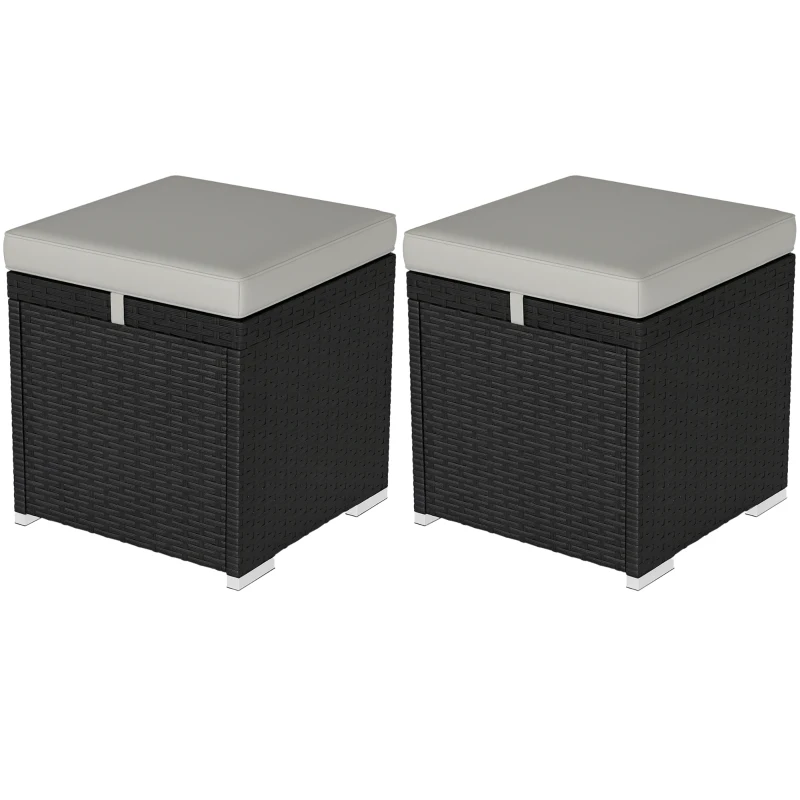 Outsunny 2 Pieces Wicker Outdoor Ottoman with Storage, Removable Cushion, Square Outdoor Footstool, Seating, Side Table, Grey
