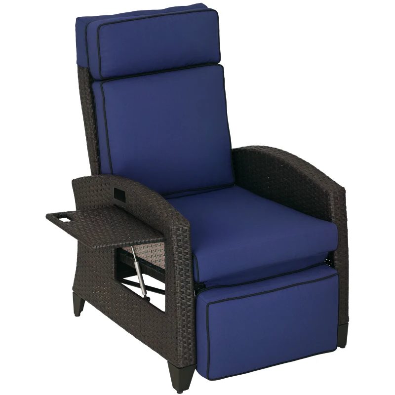 Outsunny Outdoor Recliner Chair with Adjustable Backrest, Cushion, Side Tray, Blue