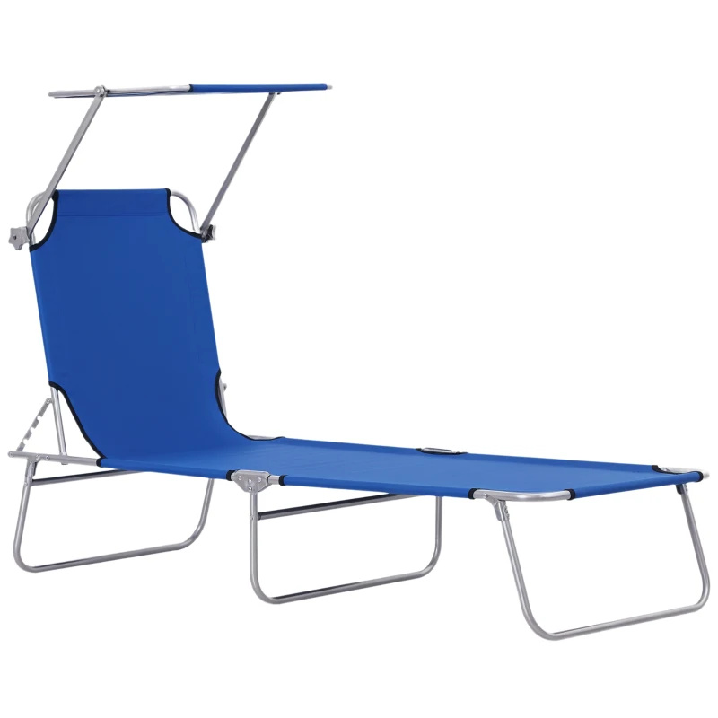 Outsunny Outdoor Lounge Chair, Adjustable Folding Chaise Lounge,  Tanning Chair with Sun Shade for Beach, Camping, Hiking, Backyard, Blue