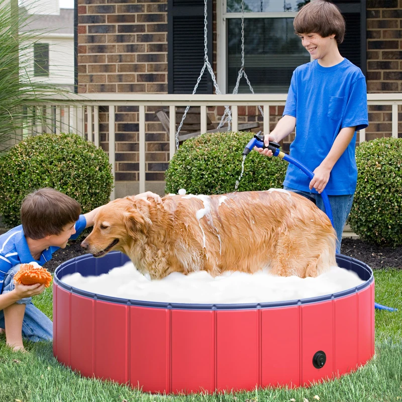 PawHut Foldable Pet Swimming Pool, Portable Dog Bathing Tub, 12" x 47" Plastic Large Dog Pool for Outdoor Dogs and Cats, Red