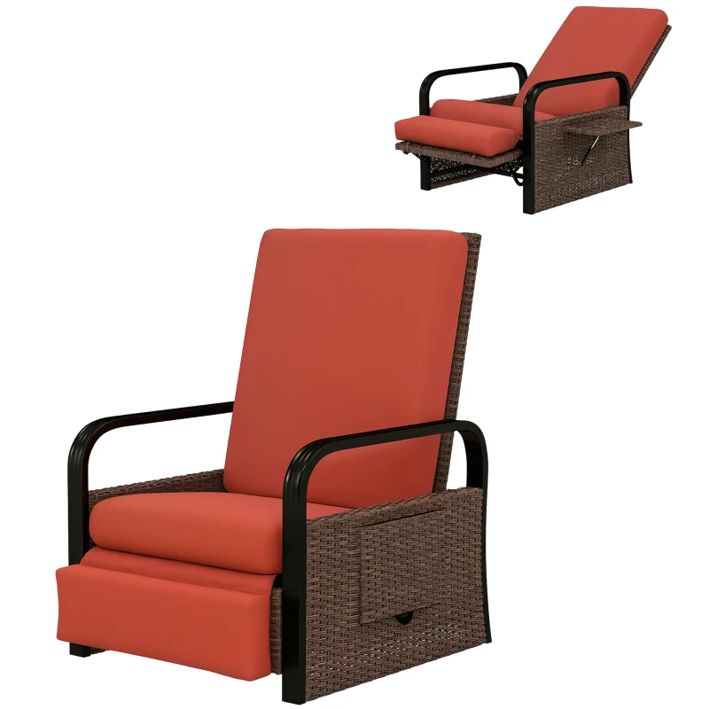 Outsunny Wicker Outdoor Recliner Chair, Reclining Lounge Chair with Adjustable Backrest, Footrest and Side Tray, Red
