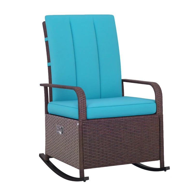 Outsunny Outdoor Wicker Rocking Chair Patio PE Rattan Recliner Chair with Cushion, Adjustable Footrest, Armrests, Turquoise