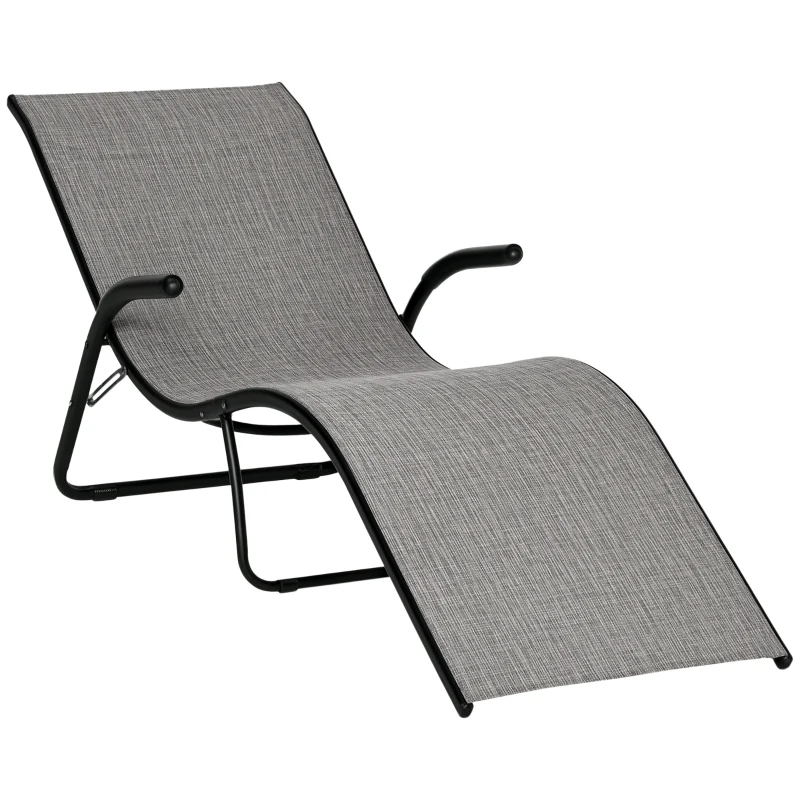 Outsunny Outdoor Lounge Chair with Armrest, Folding Tanning Chair for Beach, Poolside and Patio, Grey