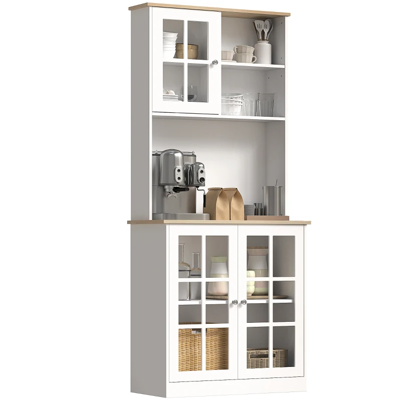 HOMCOM Kitchen Buffet with Hutch, Storage Pantry with 3 Cabinets, 2 Open Shelves and Large Countertop, White(m-2)