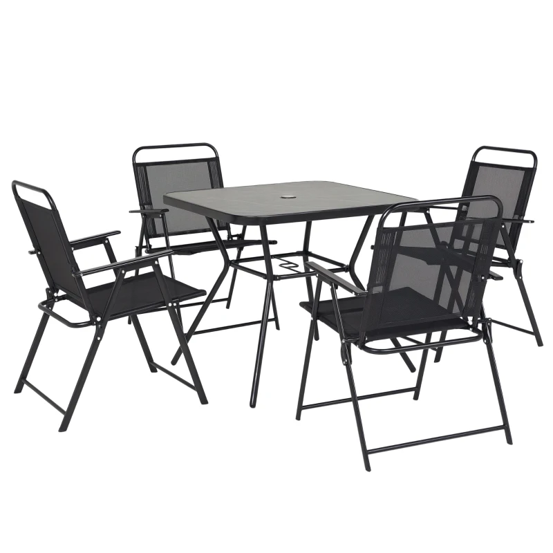 Outsunny 5-Piece Outdoor Dining Set with 4 Foldable Armchairs, Patio Furniture Sets with Umbrella Hole & Wood-plastic Composite Top Dining Table, Mesh Seat, Black