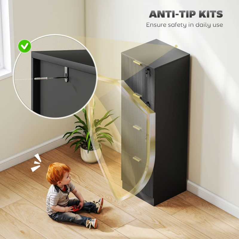 HOMCOM Lockable Filing Cabinet with 4 Fluted Drawers, File Cabinet with Adjustable Hanging Rails for A4 Letter Files, Black