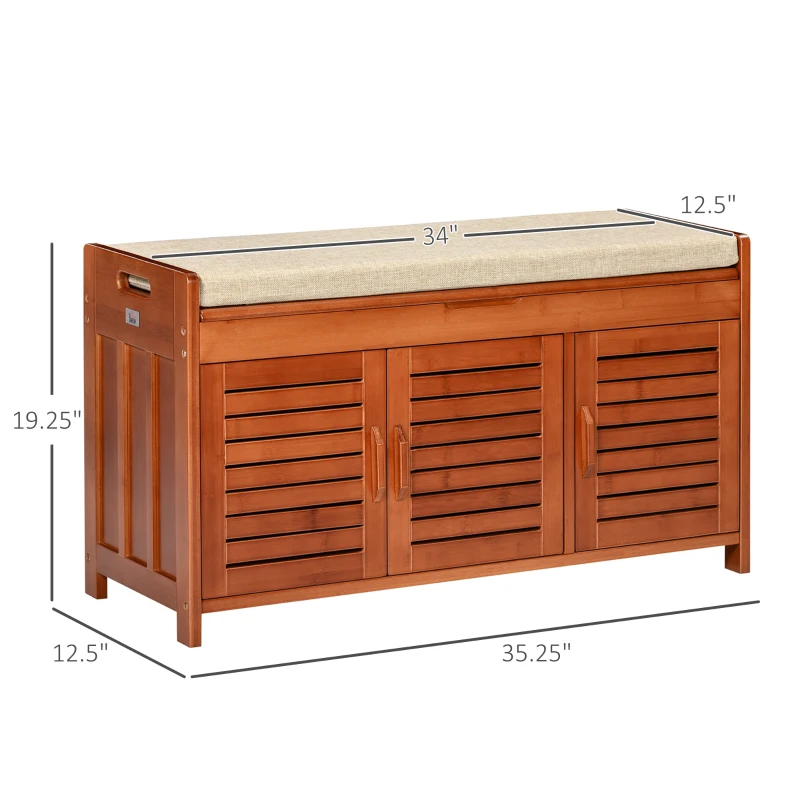 HOMCOM Shoe Bench with Storage Cabinets, Bamboo Entryway Bench with Seating Cushion, 3 Doors and Hidden Compartment for Hallway, Dark Cherry
