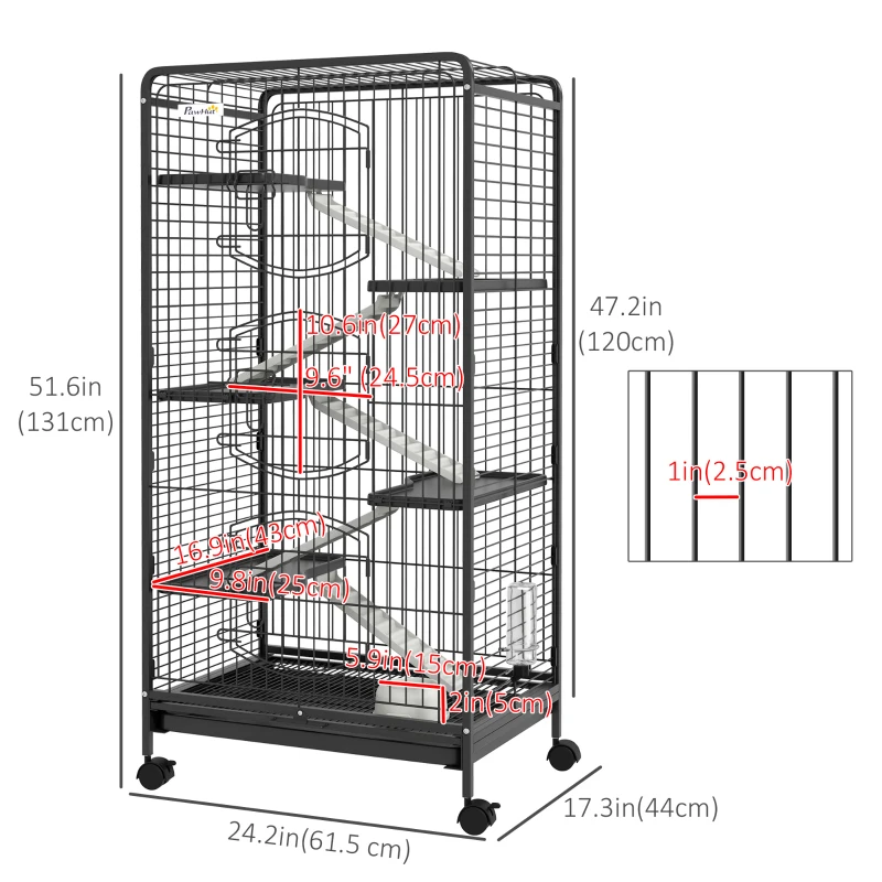 PawHut Rolling Small Animal Cage 51.6" Pet Rabbit Ferret Playpen, Animal Supply Kit Metal Black for Bunny, Pet Mink, Chinchilla
