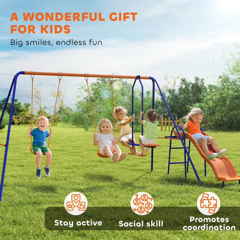 Outsunny 4 in 1 Metal Swing Set with Double Swings, Glider, Slide, Ladder for Backyard, Outdoor, Playground, Multicoloured