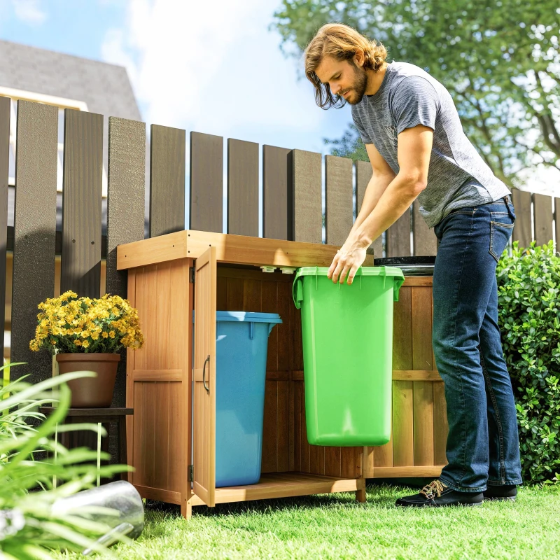 Outsunny Wooden Garden Tool Storage Shed Kit with Hinged Roof, 2-Tier Shelves and Double Doors, 74x43x88cm, Natural Wood
