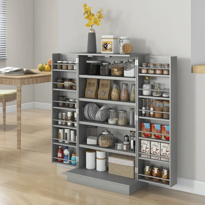 HOMCOM Freestanding Kitchen Pantry Cabinet, Kitchen Cabinet with 12 Door Shelves, Double Doors, 5-tier Shelving, Gray