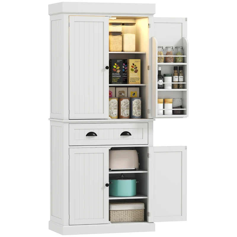 HOMCOM 71" Kitchen Pantry Cabinet with LED Lights, 6 Spice Racks, a Drawer and 4 Adjustable Shelves, White