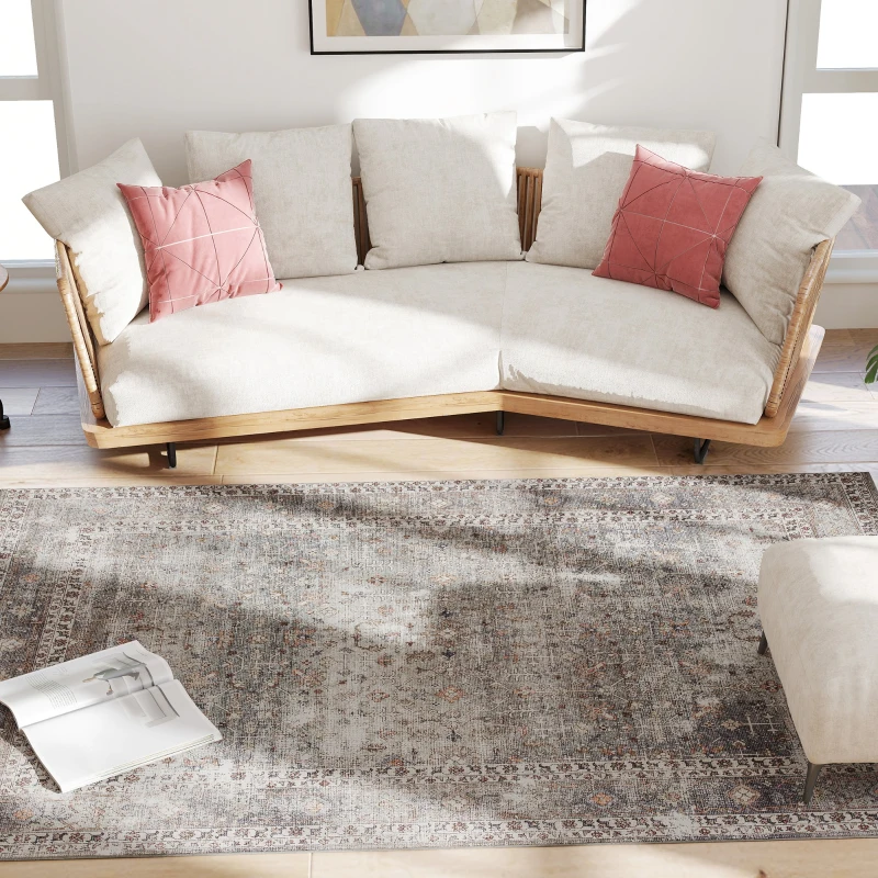 HOMCOM Machine Washable Area Rug 5x7, Non-Slip Traditional Floor Cover Foldable Carpet for Living Room, Dark Mixed-Brown