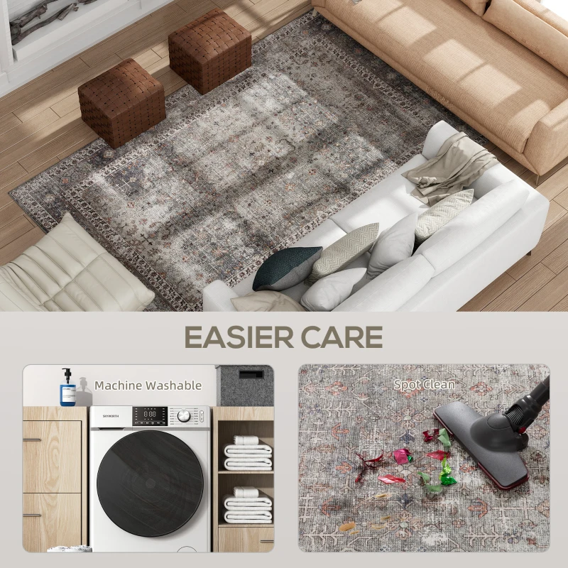 HOMCOM Machine Washable Area Rug 5x7, Non-Slip Traditional Floor Cover Foldable Carpet for Living Room, Dark Mixed-Brown